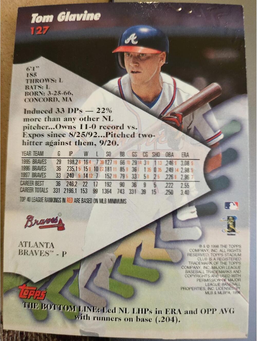 Tom Glavine 1998 Stadium Club #127 - HOF Atlanta Braves - Picture 2 of 2
